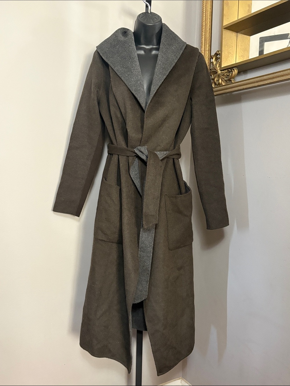 BCBGMAXAZRIA Small Hazel Reversible Two Tone Waterfall Coat Gray Taupe